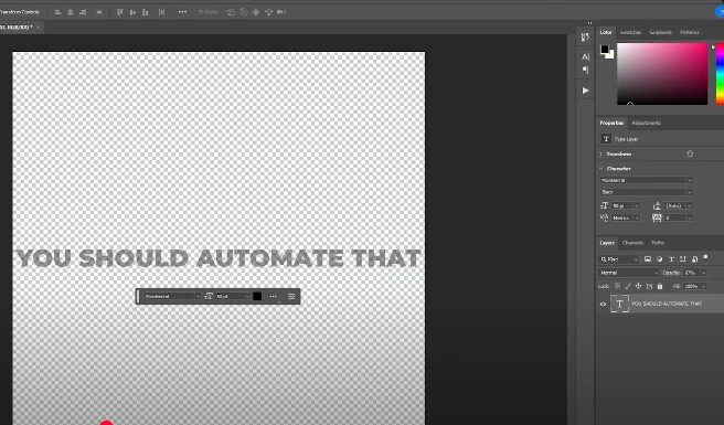 Example of Photoshop interface with highlighted semi-transparent text layer