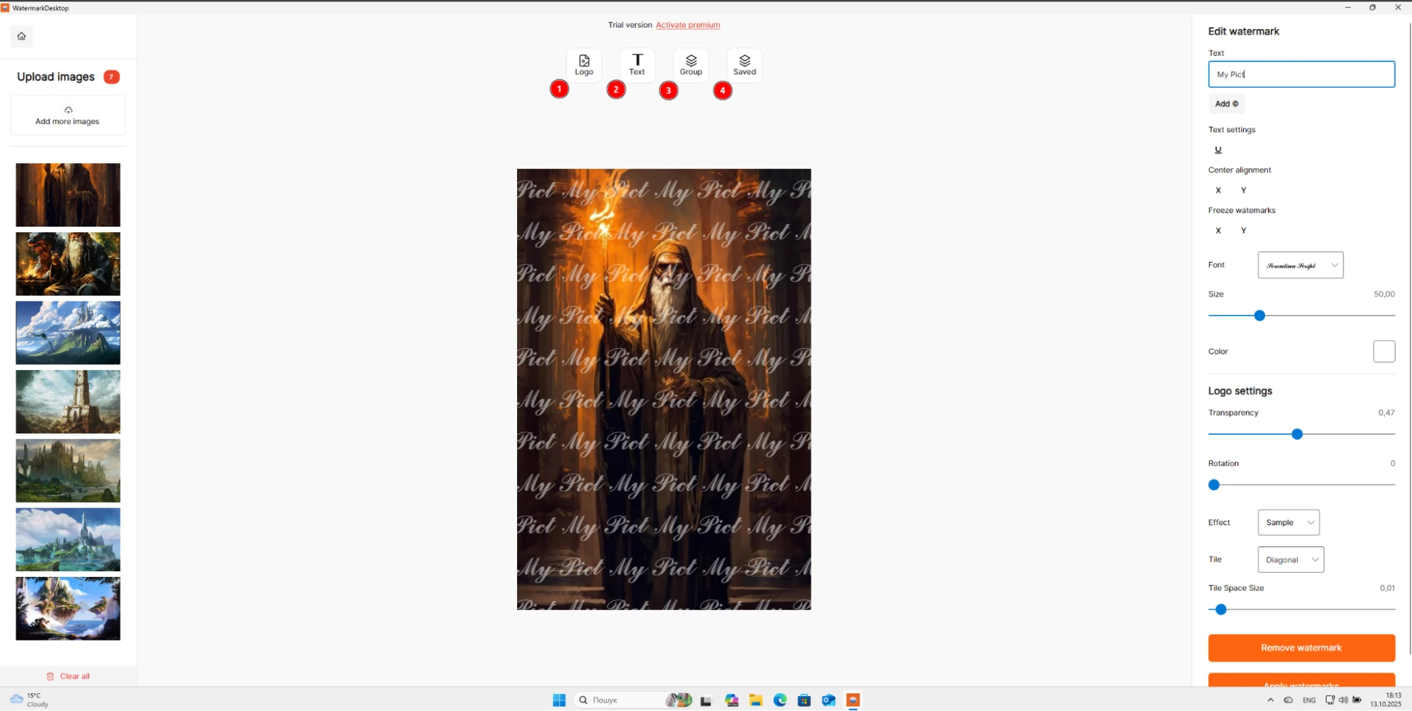 Menu for final selection, configuration and addition of watermarks in Watermark Desktop